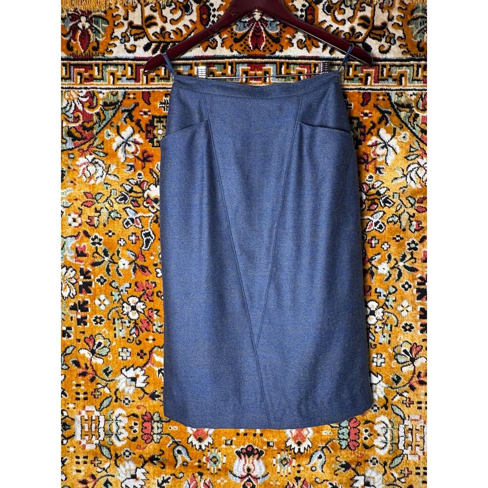 80s Vintage Healthered Blue Cashmere + Merino Blend Midi Pencil Skirt sz 6